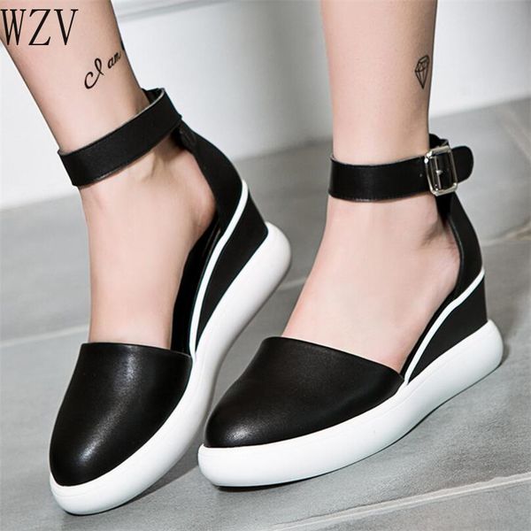 

summer 2020 genuine leather women sandals wedges women's shoes round toe sandals white platform high heels women, Black