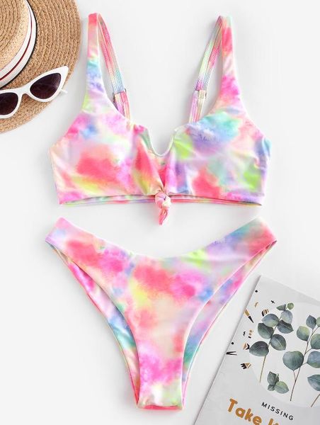 

zafultie dye knotted high cut notched bikini swimwear scoop neck wire bathing suit padded two pieces swimsuit co ord 2020