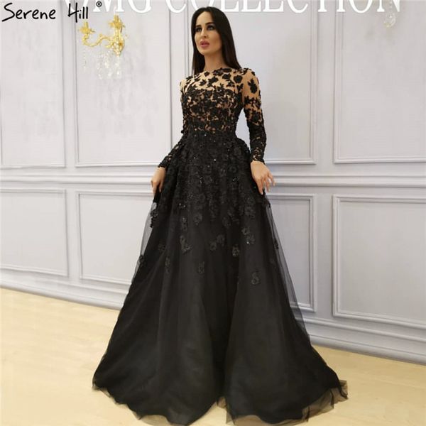 

muslim black long sleeves crystal evening dresses 2019 o-neck handmade flowers evening gowns serene hill la70007, White;black