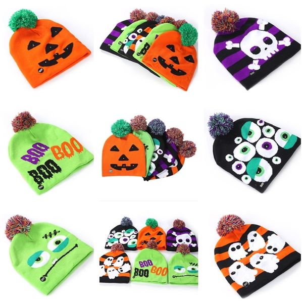 

new led halloween knitted hats kids baby moms warm beanies crochet winter caps for pumpkin acrylic skull cap party decor gift props 5125