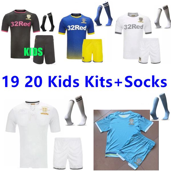 

19 20 leeds united home away soccer jersey kids kit 2019 2020 roofe bamford alioski 100th centenary jansson football shirts kids kits+socks, Black;yellow