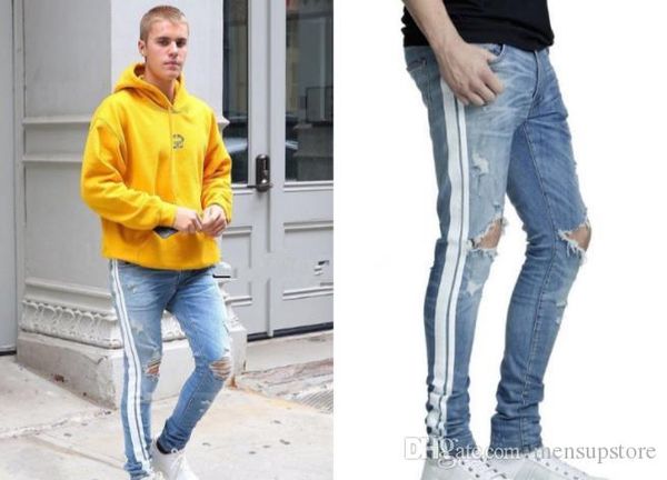 

мужские джинсы denim гусеницы синих полосатое отверстие дизайнерского карандаш брюки брюки для мужчин, Blue