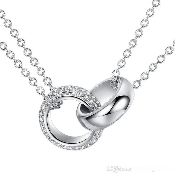 

belawang real 925 solid sterling silver interlocking double circle round crystal pendant necklace 44cm long chain necklace for women jewelry