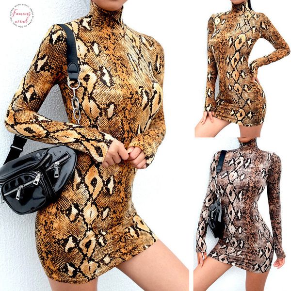 

snake skin print turtleneck short sleeve dress 2020 autumn women bodycon snakeskin spandex high neck party mini dresses, Black;gray