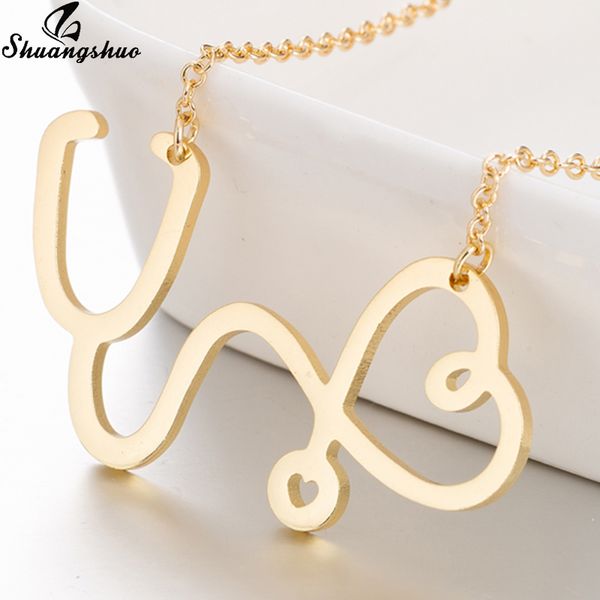 

shuangshuo fashion heart stethoscope pendants necklaces for women jewelry gold chain choker necklace doctor nurse medical gifts, Silver