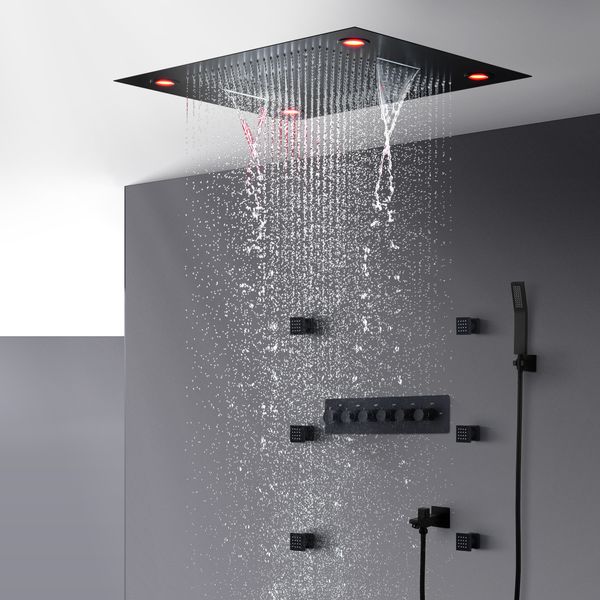 

bathroom black shower faucet set thermostatic shower bath mixer valve luxury ceiling led large rain waterfall showerhead system 600*800mm