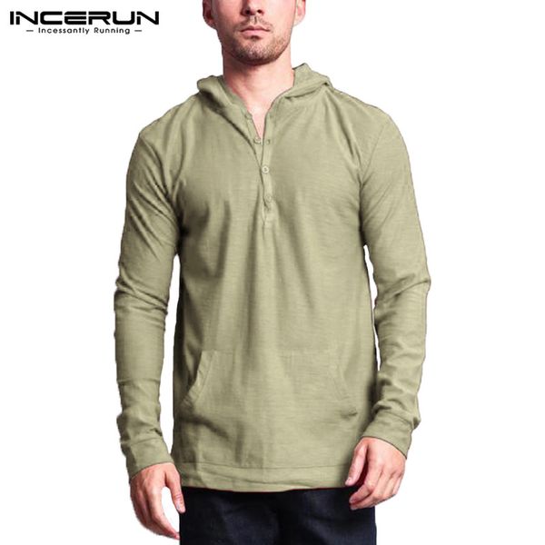 

incerun men hoodies long sleeve hooded button streetwear casual pullovers men solid pockets fashion hoodie sweatshirts 2019, Black