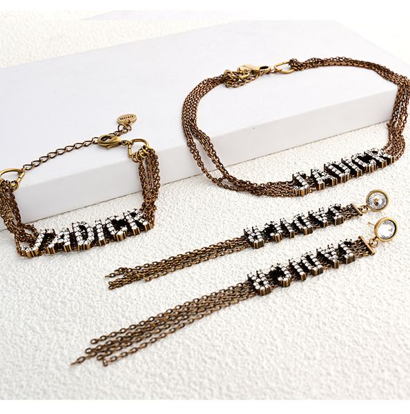 

fashion design jewelry vintage letter tassel earrings women's multi-layer chain temperament net red collarbone necklace bracelet, Golden;silver