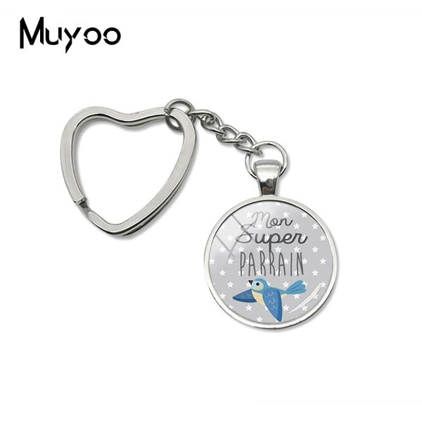 

2019 new super parrain heart keychain love gifts key chain glass cabochon jewelry handmade keychains, Silver