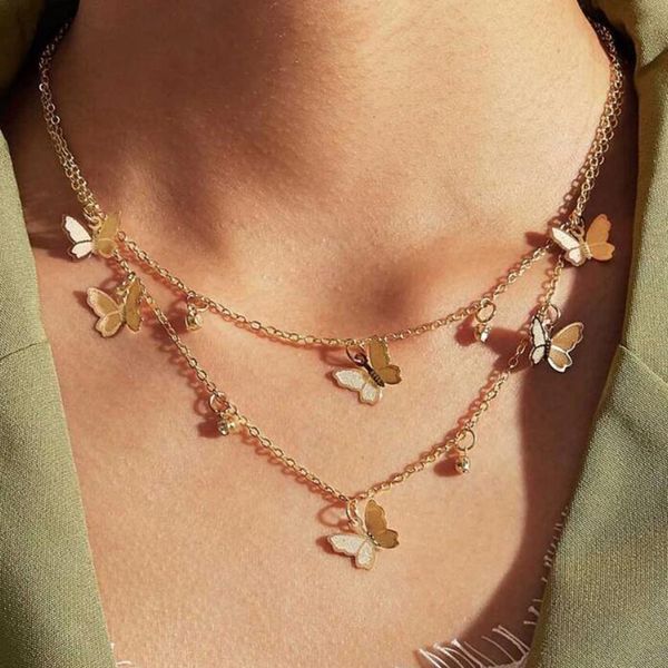 

double layer small butterfly pendant necklace gold color clavicle chain necklace statement collar female fashion jewelry collar, Silver