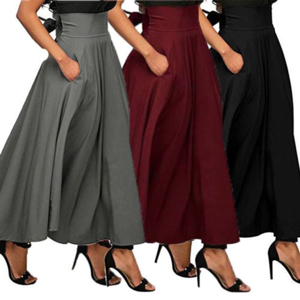 

fashion high waist pleated long skirts lady women flared full maxi skirt swing new skater skirt, Black