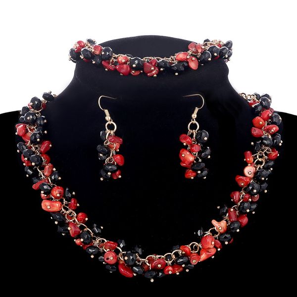 

promotion stone jewelry sets vintage full black red 100% nature coral beads earrings bracelets choker necklaces women, Silver