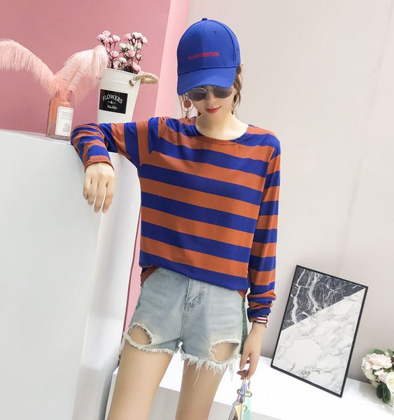 

long-sleeved t-shirt women's stripes loose and plus-sized 2018 korean-style autumn new style fat mm friend, White