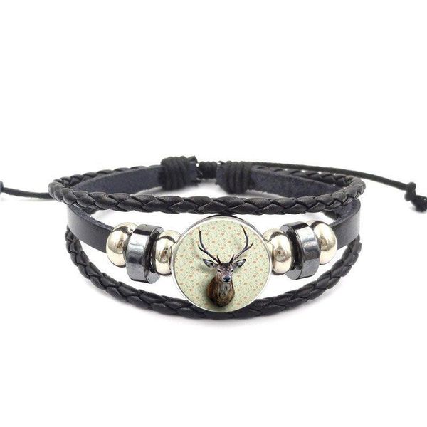 

ej glaze for men women gift vintage jewelry glass cabochon black leather bracelet bangle beautiful deer, Golden;silver