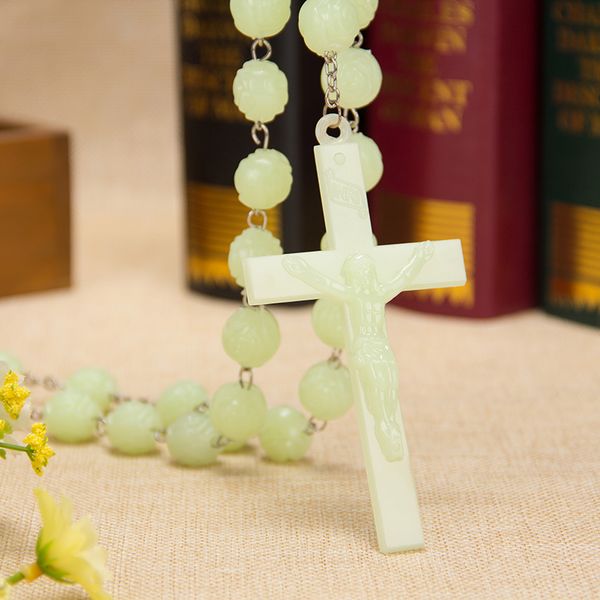 

the new cross pendant goddess notre dame trendy long dark green glow rosary necklace beads mens&women fashion, Silver