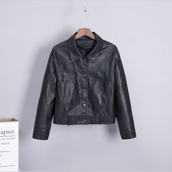 

taotrees autumn solid color slim lapel short slim fashion pu leather women, Black