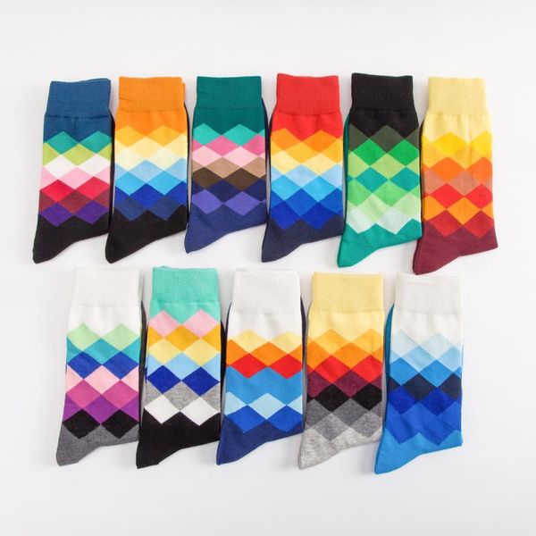 

jhouson 1 pair classic men's combed cotton colorful happy funny socks diamond geometric pattern causal dress business socks, Black