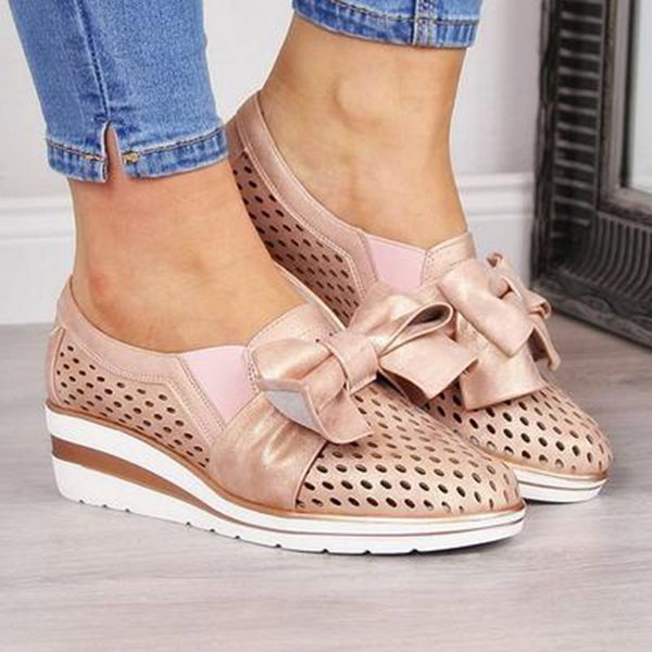 

litthing shoes women breathable bow hollow soft casual shoes ladies bowknot slip on platform sneakers wedges loafers, Black