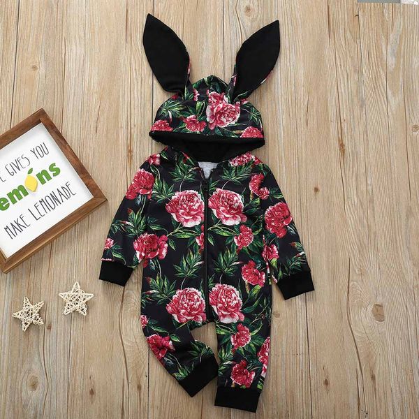 

baby girls rabbit rompers winter toddler clothes printed big flowers carnation little kid jumpersuit kids chlothing, Blue