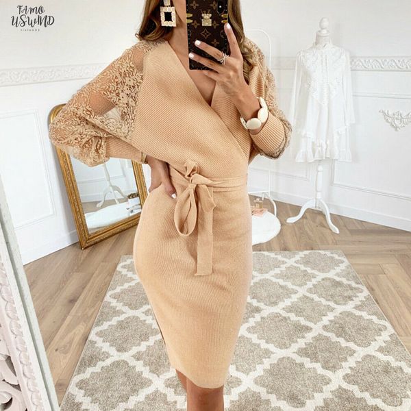 

autumn winter elegant knitted dress women 2020 new woolen pencil dress lace long sleeve v neck bohemian dresses party clubwear belt lady, Black;gray