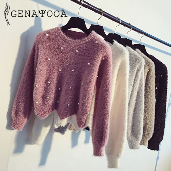 

genayooa solid casual sweater woman cashmere pulover o neck warm women winter sweater long sleeve beading jumper ladies 2019, White;black