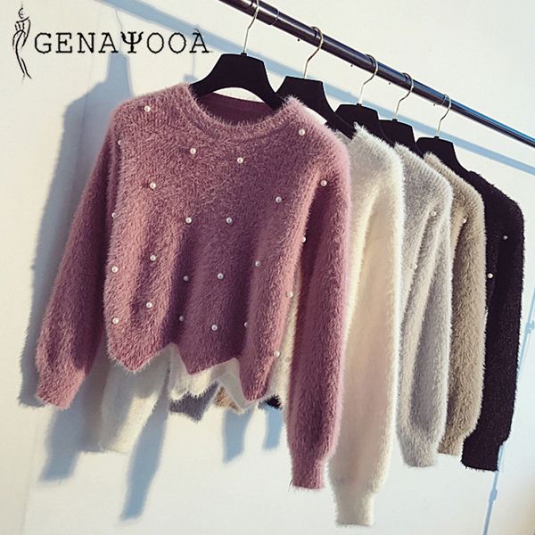 

genayooa solid casual sweater woman cashmere pulover o neck warm women winter sweater long sleeve beading jumper ladies 2019, White;black