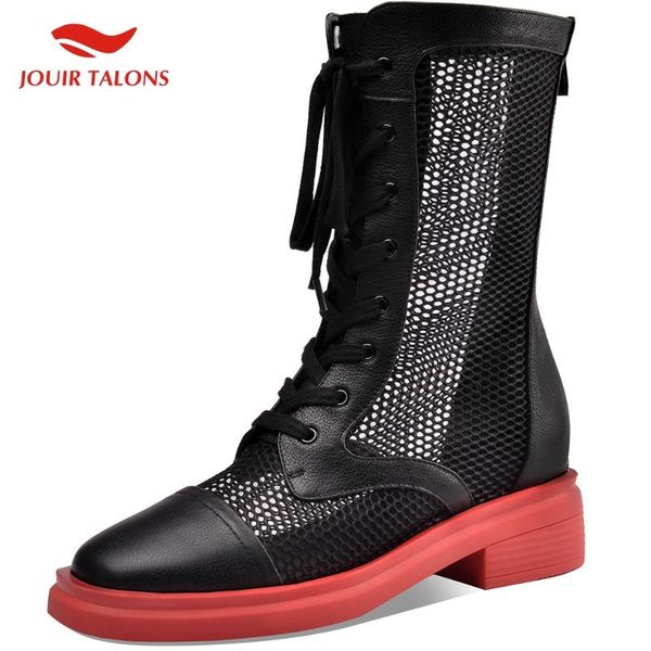 

brand new ladies luxury genuine leather lace up chunky heels women shoes summer sandal woman boots, Black