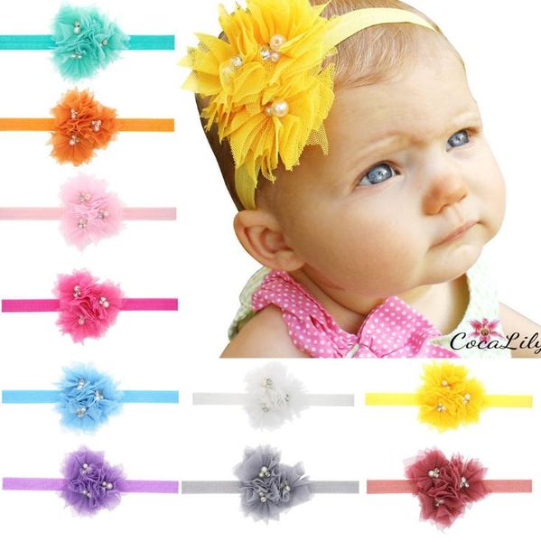 

europe infant baby girl lace flower headband kids princess headwrap beads tulle elastic ornaments hairband children hair accessories 14605, Slivery;white