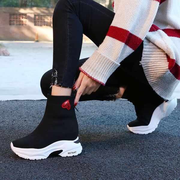 

boots women's autumn and winter new style 2018 new style in elevator shoes short boots thick bottomed knitted elasticity plus ve, Black
