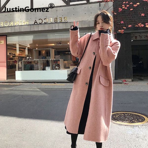 

autumn and winter herringbone woolen overcoat single-breasted pure color women's winter coat slim new korean casacos femininos, Black
