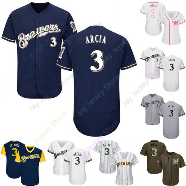 

2019 Milwaukee 3 Orlando Arcia Jersey Brewers Jerseys Cool Base Flexbase Home Away White Black Red Grey Pullover Button Men Women Youth