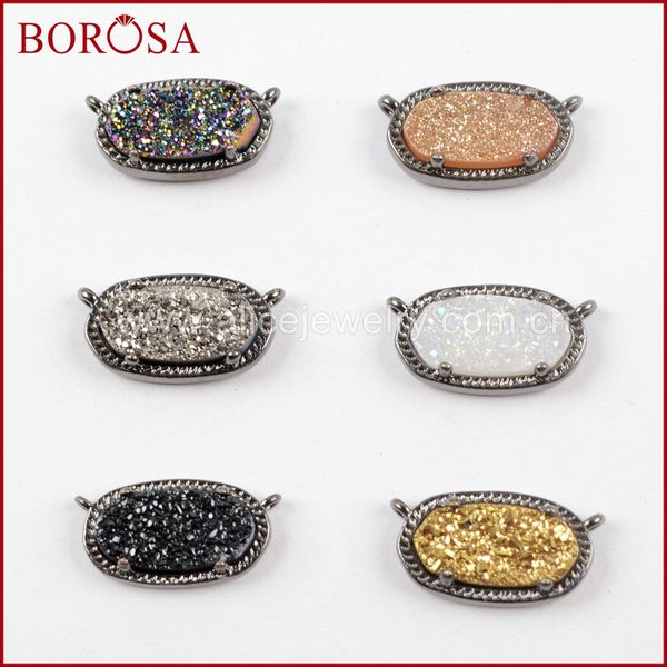 

borosa 10pcs oval rainbow titanium druzy connectors,gold/silver/black color natural gems double charms for bracelet wx999