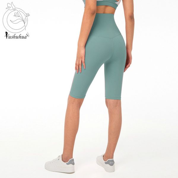 

yushuhua no front seam naked- feel gym fitness biker shorts women high waist plain butter soft yoga workout sport long shorts, White;red