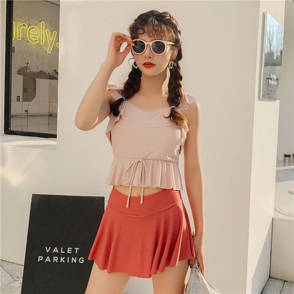 

female fairy fan chaoxian split conservative belly covering thin swim swimsuit ins style cute swimming suit, White;black