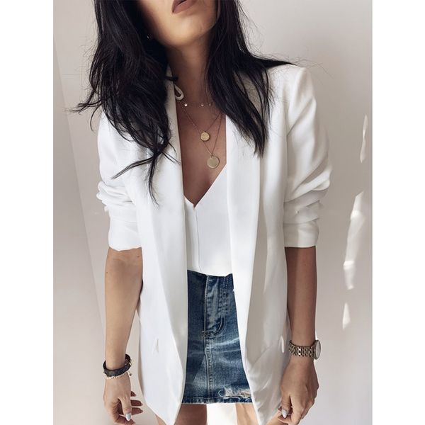 

women's suits & blazers cinessd lapel solid blazer coats office lady work long sleeve fake pocket black casual loose jackets women busi, White;black