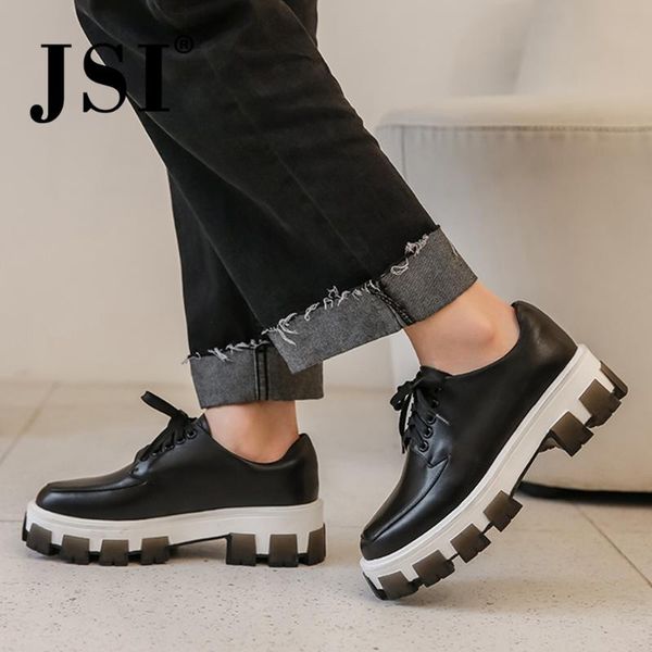 

jsi fashion casual women' s flats chunky flat platform cow leather cross-tied lace-up shoes comfortable flats jo489, Black