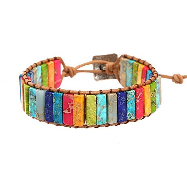 

leather chakra handmade imperial jasper wrap adjustable bead bracelet natural imperial jasper stone with chakra color, Black