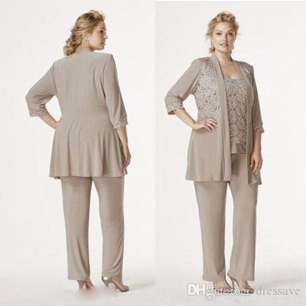 Champagne Vintage Grey Três Peças mãe dos ternos Noiva Plus Size Lace Chiffon Mãe Dresse Formal Wear Pant Suit