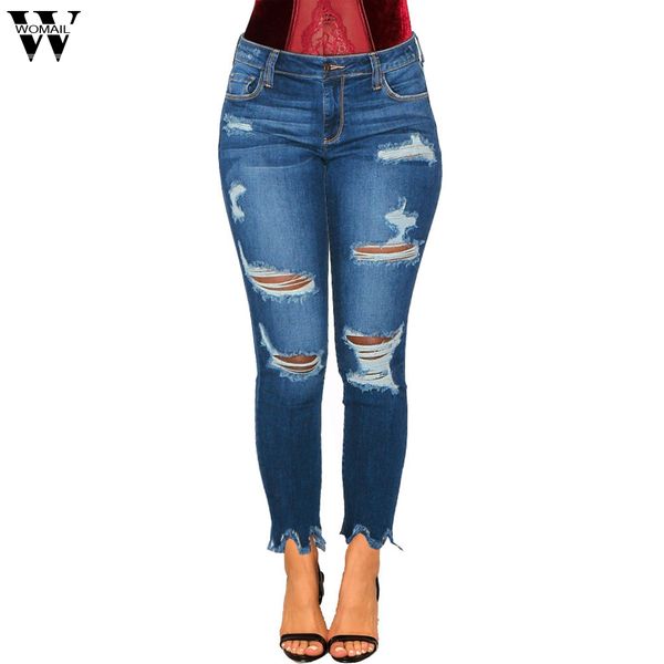 

womail high waist jeans casual women mom skinny jeans stretch hole trousers bleach wash with pockets female pencil pants, Blue
