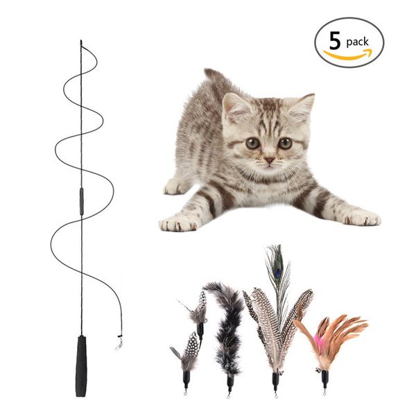 

multi feather cat teaser cat toy pet toywith 5 replacement heads funny feather stick with a bell cats toy flying training