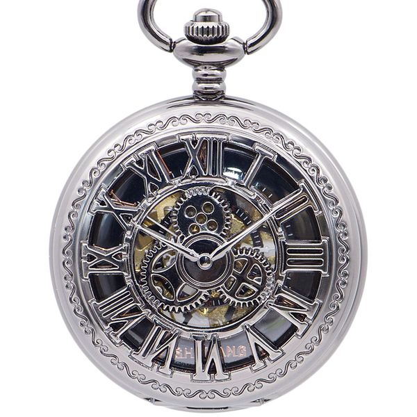 

retro hollow gear mechanical pocket watch roman number dial pendant necklace chain fob watch men gift reloj de bolsillo, Slivery;golden