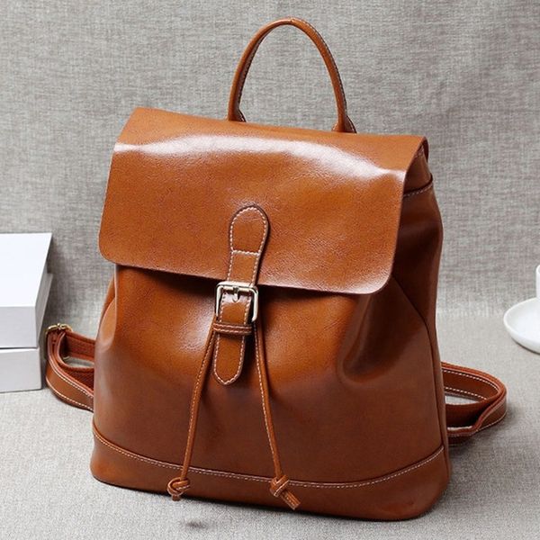 

2020 new female bag retro backpack ladies leather oil wax cowhide travel student school bag