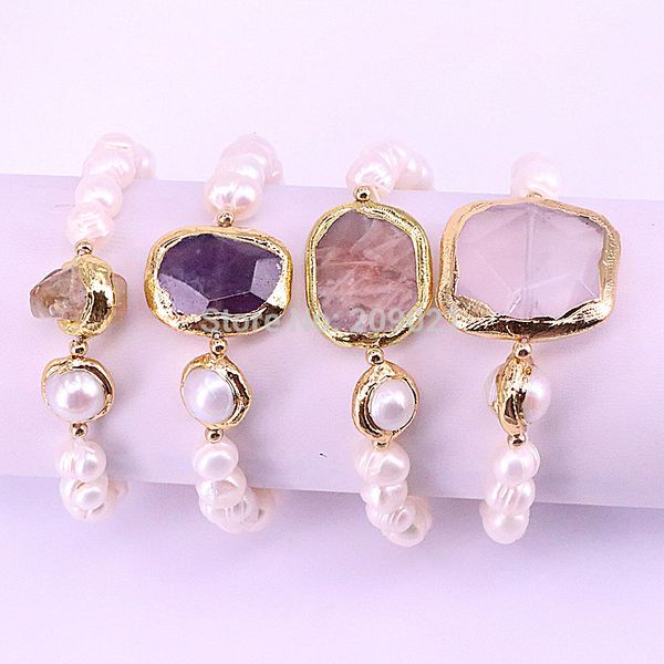 

5pcs fashion women's natural pearl beads bracelet gold color faceted stone connector bracelets women jewelry gift, Golden;silver