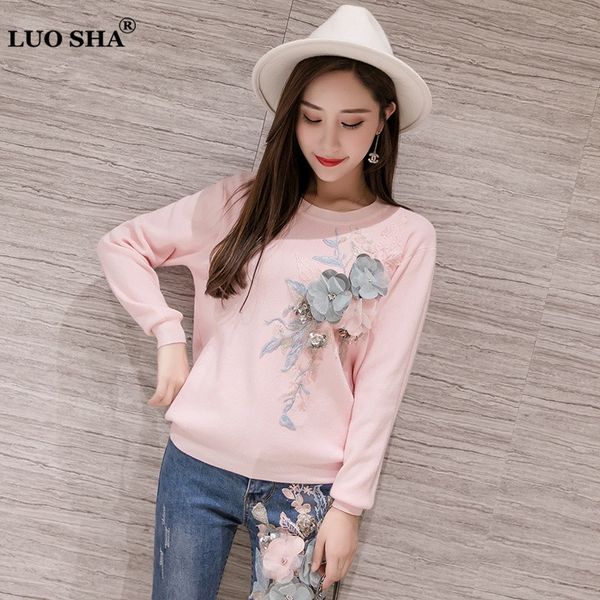 

luosha 2019 women autumn winter embroidery 3d flower knitted pullover and sweaters female fashion jumper pull femme, White;black