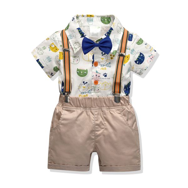 

Cross-border children's wear boy's children's summer cotton short-sleeved shirt + shorts + strap 4 sets factory direct, White