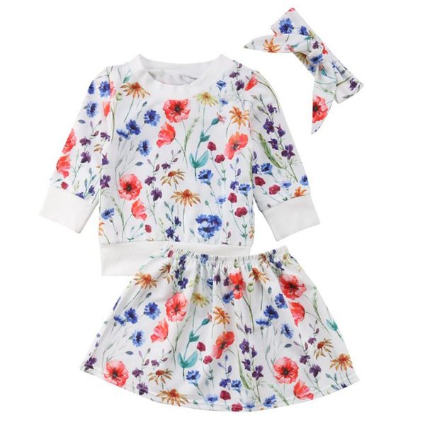 

3pcs/set children set flower pattern concise all-match cute sweet long sleeve t-shirt skirt set girl's skirt newest, White