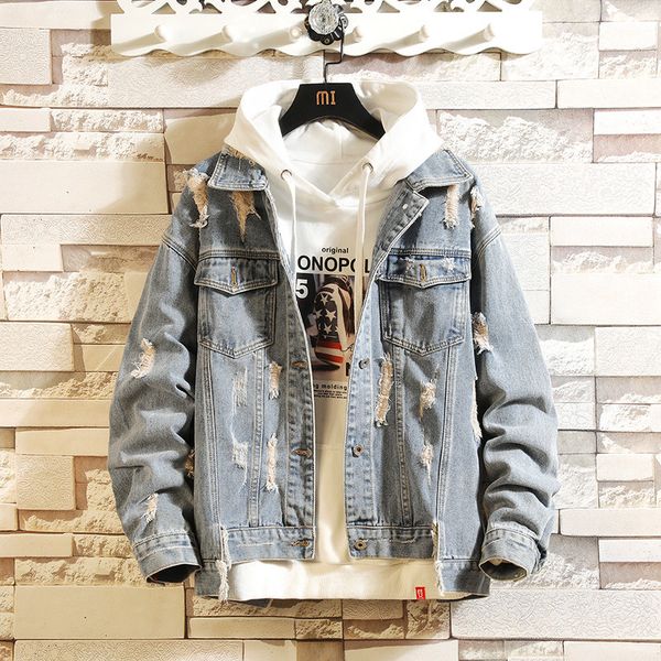 

spring new denim jacket men fashion wash casual cotton hole denim jacket man streetwear wild hip hop loose bomber m-5xl, Black;brown
