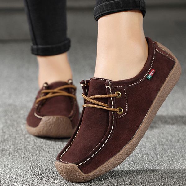 

women genuine leather flats lace up loafers moccasins round toe comfortable casual driving shoes chaussure femme size 35-42 y190704, Black