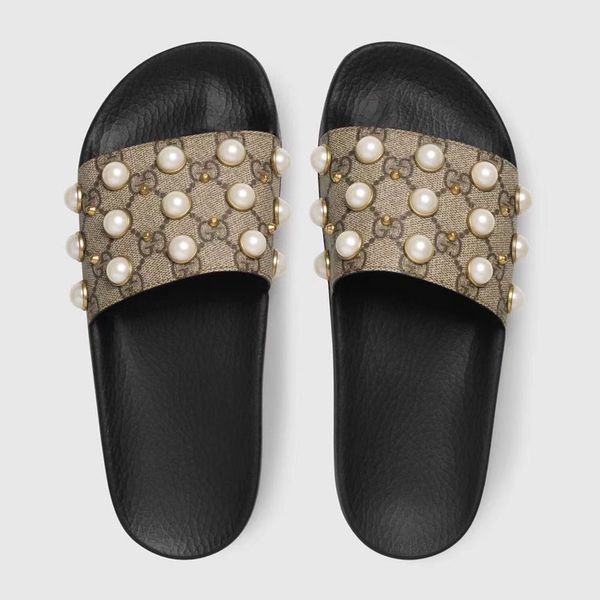 

fashion luxury designer women slippers sandals ladies beach slipper tide male pearl stud slippers non-slip leather mens casual spikes shoes, Black