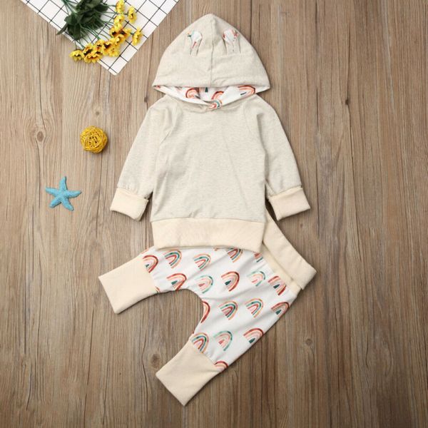 

infant baby boy girl autumn clothes hooded rainbow long pants outfit set, White